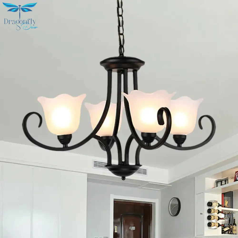 Black 4/6/8 - Bulb Ceiling Chandelier Warehouse Frosted Glass Flower Hanging Light Kit With Scroll