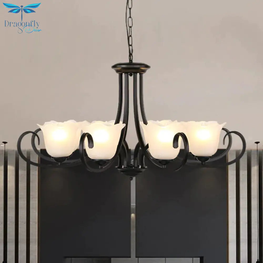 Black 4/6/8 - Bulb Ceiling Chandelier Warehouse Frosted Glass Flower Hanging Light Kit With Scroll