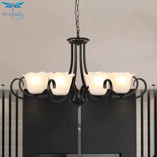 Black 4/6/8 - Bulb Ceiling Chandelier Warehouse Frosted Glass Flower Hanging Light Kit With Scroll