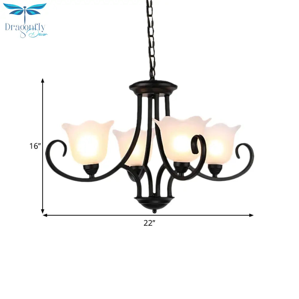 Black 4/6/8 - Bulb Ceiling Chandelier Warehouse Frosted Glass Flower Hanging Light Kit With Scroll