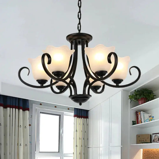 Black 4/6/8 - Bulb Ceiling Chandelier Warehouse Frosted Glass Flower Hanging Light Kit With Scroll