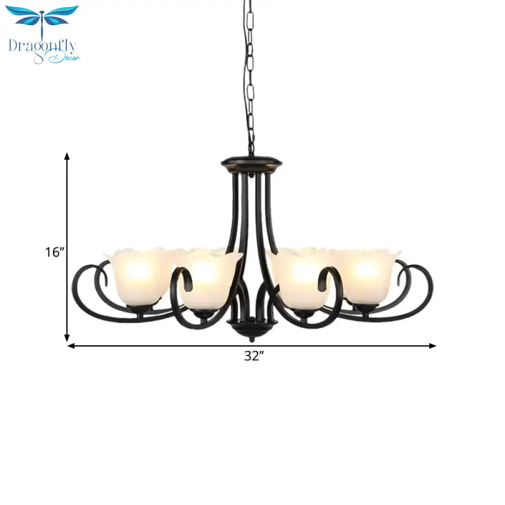 Black 4/6/8 - Bulb Ceiling Chandelier Warehouse Frosted Glass Flower Hanging Light Kit With Scroll