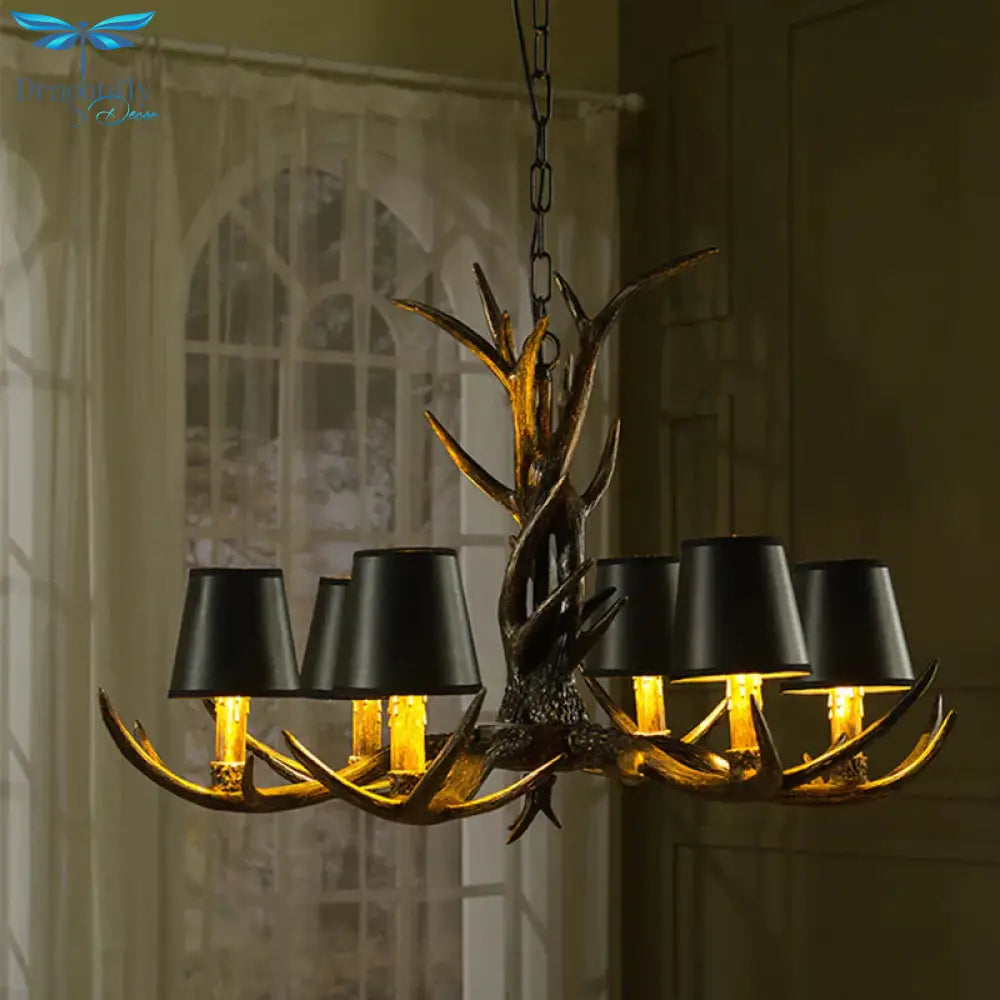 Black 6/8 Lights Chandelier Lighting Rustic Resin Cone Pendant Lamp With Antler For Living Room