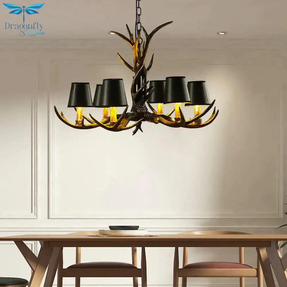 Black 6/8 Lights Chandelier Lighting Rustic Resin Cone Pendant Lamp With Antler For Living Room