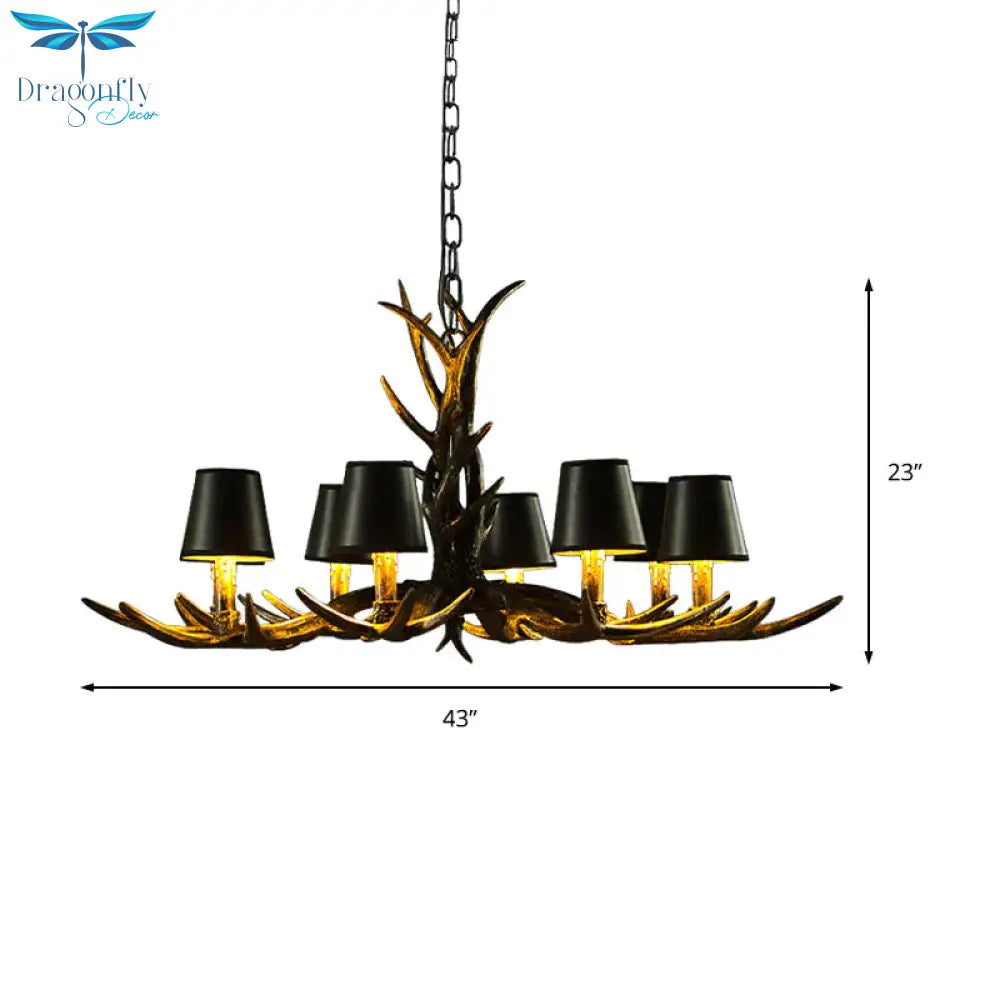 Black 6/8 Lights Chandelier Lighting Rustic Resin Cone Pendant Lamp With Antler For Living Room