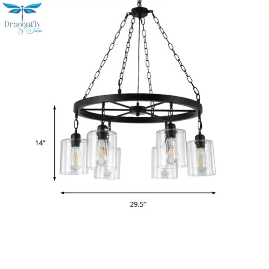 Black 6/8 Lights Pendant Chandelier Traditional Clear Glass Cylinder Hanging Light With Wagon Wheel