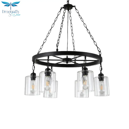Black 6/8 Lights Pendant Chandelier Traditional Clear Glass Cylinder Hanging Light With Wagon Wheel