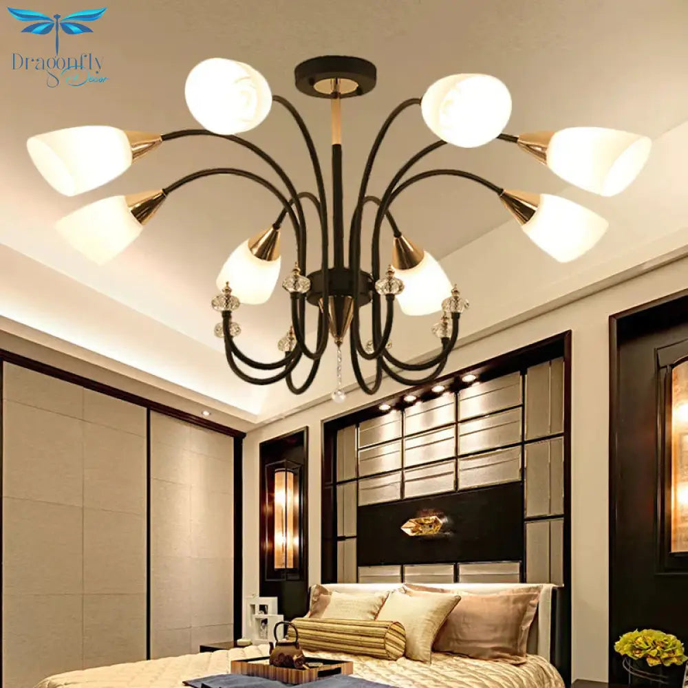 Black 6/9/12 Heads Hanging Chandelier Traditional Style Frosted Glass Empire Shade Ceiling