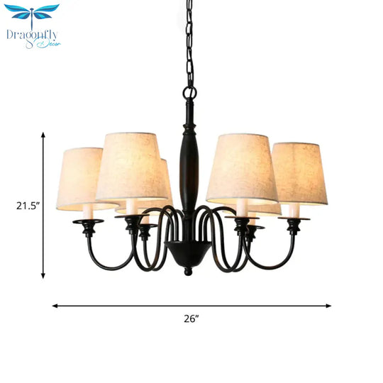 Black 6 Heads Chandelier Lighting Country Fabric Tapered Hanging Pendant Light With Swooping Arm
