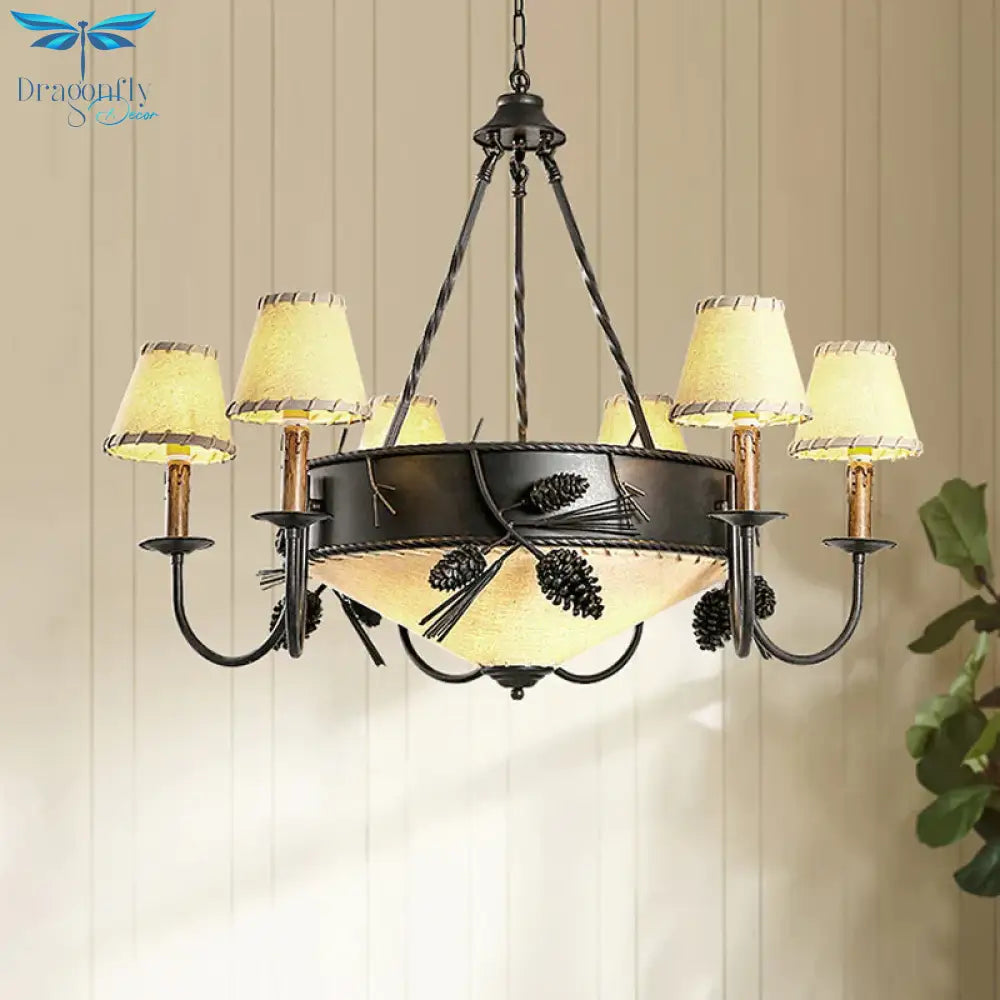 Black 9 Lights Ceiling Lamp Vintage Fabric Tapered Chandelier Pendant Light With Pinecone Deco