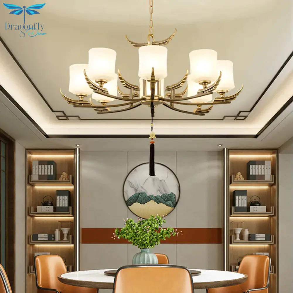 Black And Gold 6/8/10 Lights Chandelier Light Classic Opal Glass Cylinder Suspension Pendant