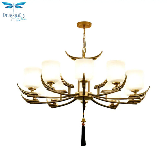 Black And Gold 6/8/10 Lights Chandelier Light Classic Opal Glass Cylinder Suspension Pendant