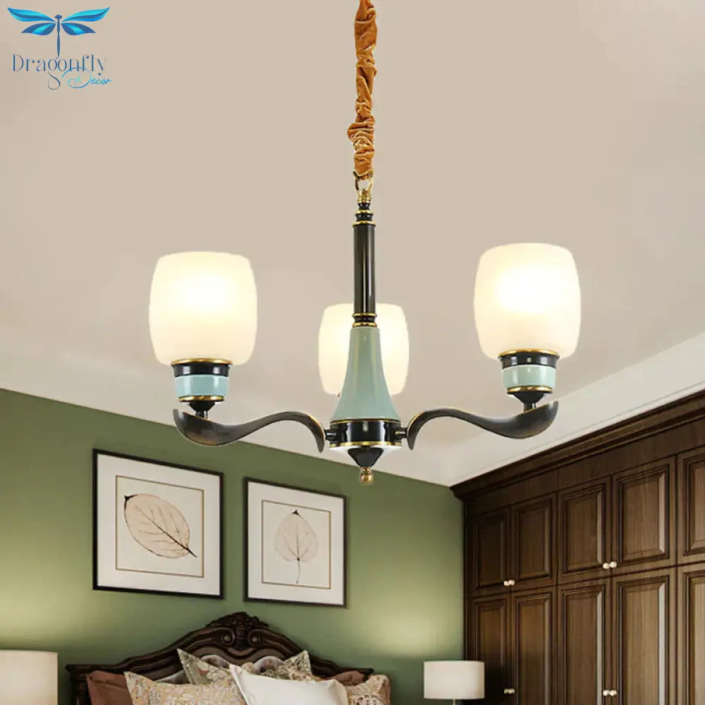 Black Bucket Hanging Chandelier Rural Style White Glass 3 Lights Dining Room Pendant Lighting