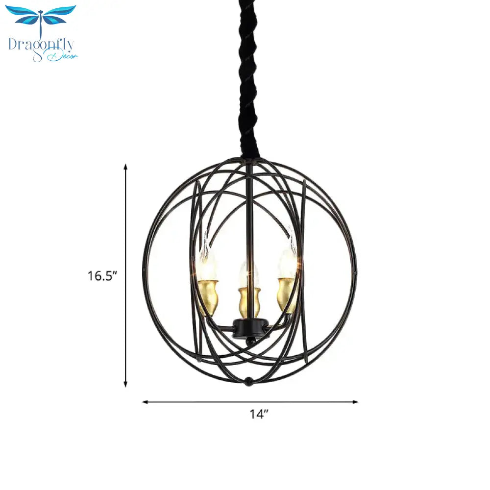 Black Candle Ceiling Pendant Rustic Metal 3 Bulbs Dining Room Chandelier Light With Globe Cage