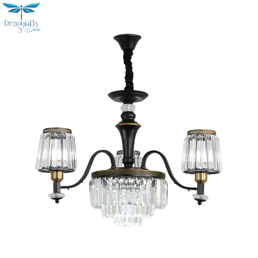 Black Conical Suspension Light Vintage Clear Crystal Block 3/6 Heads Dining Room Chandelier Lamp