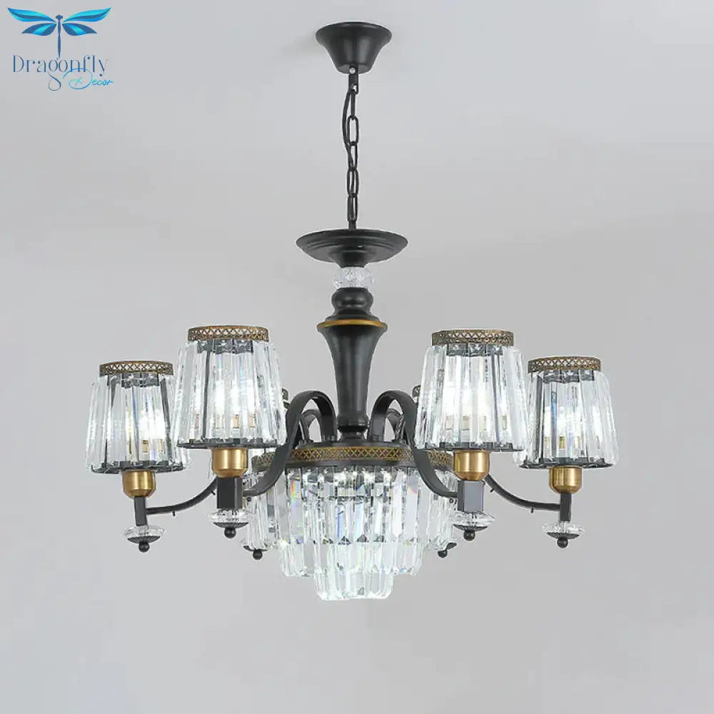 Black Conical Suspension Light Vintage Clear Crystal Block 3/6 Heads Dining Room Chandelier Lamp