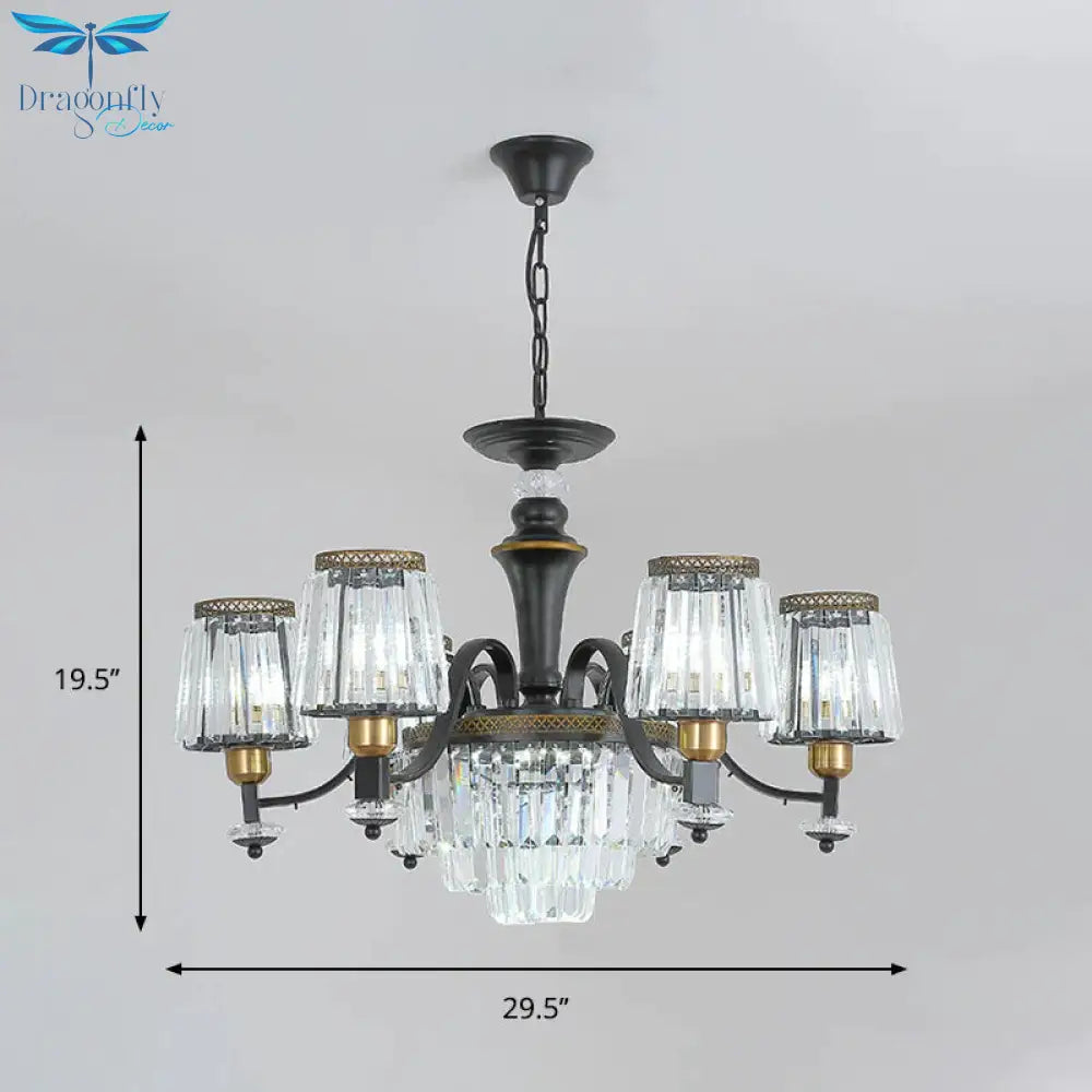 Black Conical Suspension Light Vintage Clear Crystal Block 3/6 Heads Dining Room Chandelier Lamp