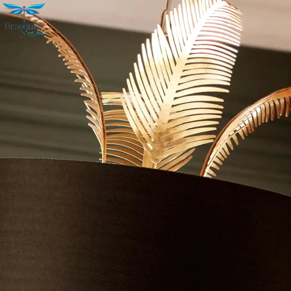 Black Country Drum Chandelier With Leaf Decoration - 6 - Light Fabric Hanging Ceiling Light For