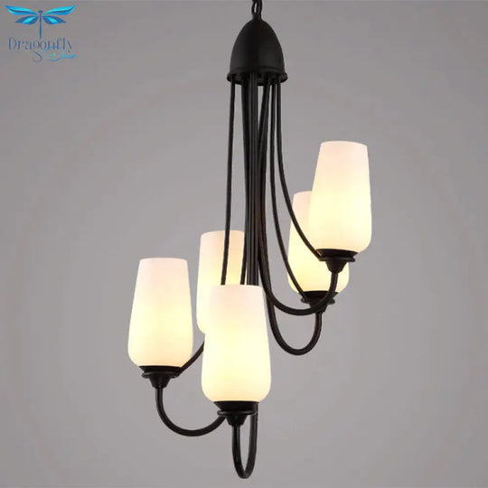 Black Cup Shape Pendant Lighting Traditional Frosted Glass 5/7 Lights Living Room Chandelier For