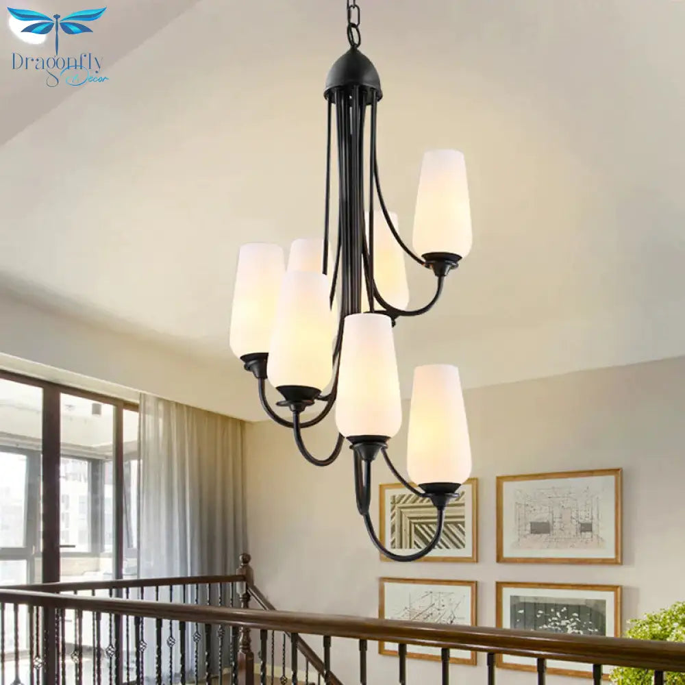 Black Cup Shape Pendant Lighting Traditional Frosted Glass 5/7 Lights Living Room Chandelier For