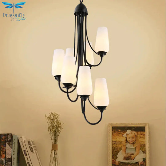 Black Cup Shape Pendant Lighting Traditional Frosted Glass 5/7 Lights Living Room Chandelier For