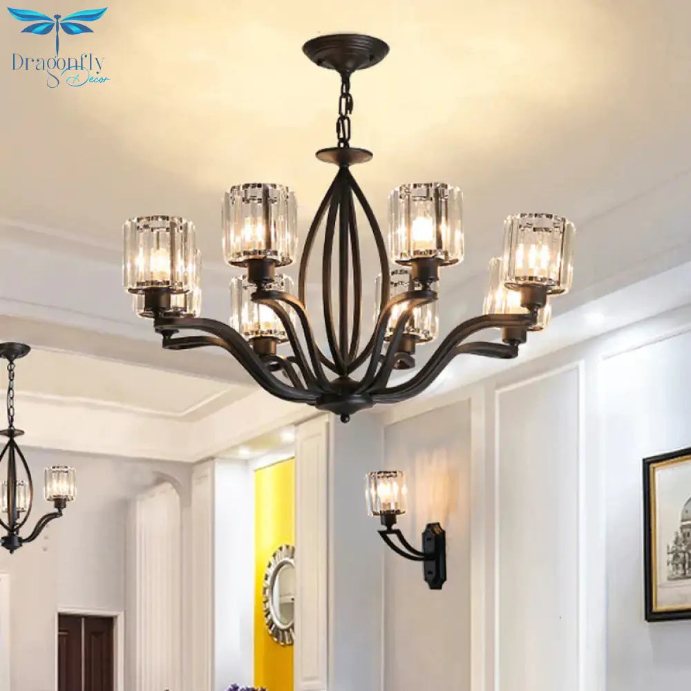 Black Cylinder Ceiling Light Fixture Simple Style Crystal Block 3/6/8 Lights Dining Room Chandelier