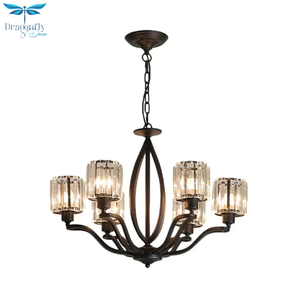 Black Cylinder Ceiling Light Fixture Simple Style Crystal Block 3/6/8 Lights Dining Room Chandelier