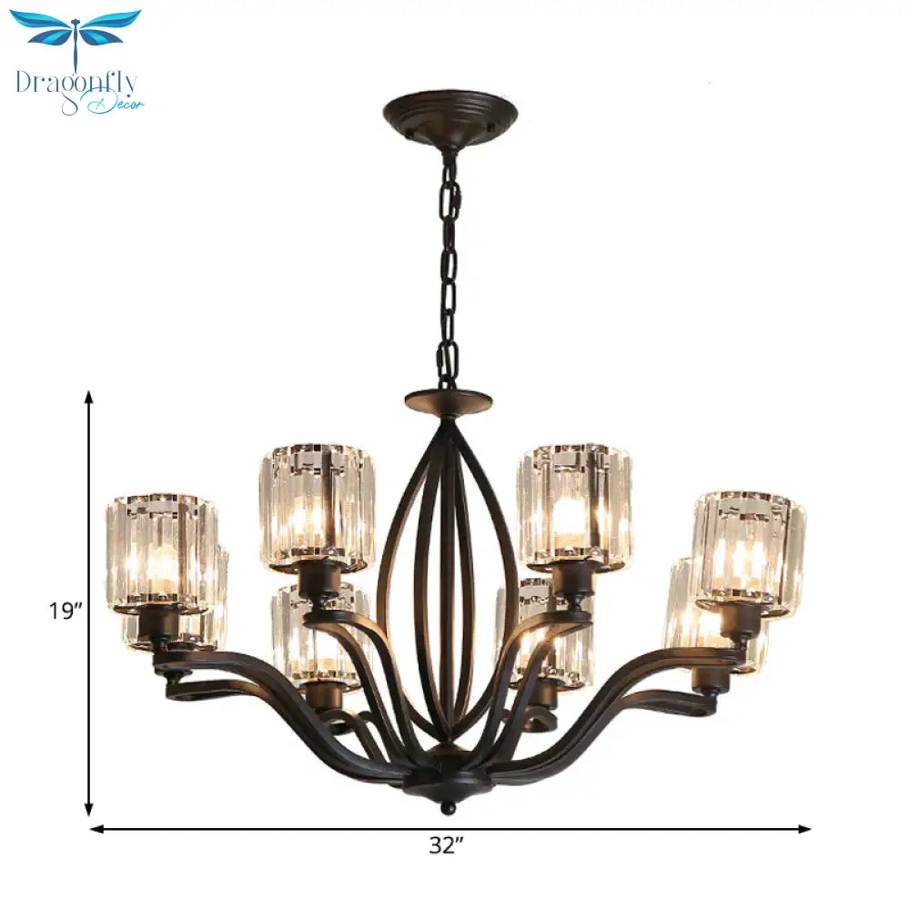 Black Cylinder Ceiling Light Fixture Simple Style Crystal Block 3/6/8 Lights Dining Room Chandelier
