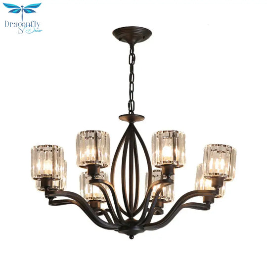 Black Cylinder Ceiling Light Fixture Simple Style Crystal Block 3/6/8 Lights Dining Room Chandelier