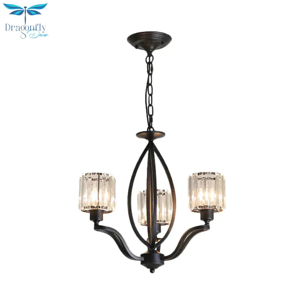 Black Cylinder Ceiling Light Fixture Simple Style Crystal Block 3/6/8 Lights Dining Room Chandelier