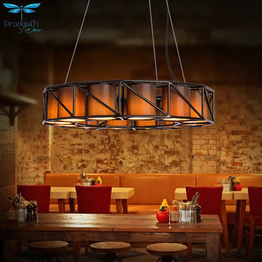 Black Cylinder Chandelier Lamp Vintage Fabric 12 Bulbs Restaurant Ceiling Light With Round Cage