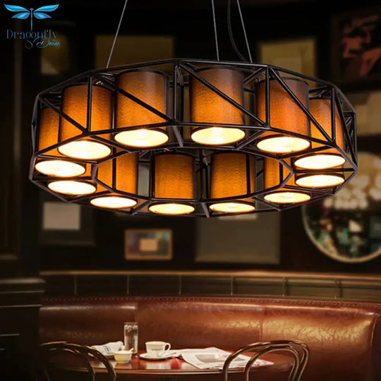 Black Cylinder Chandelier Lamp Vintage Fabric 12 Bulbs Restaurant Ceiling Light With Round Cage