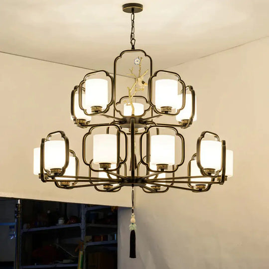 Black Cylinder Chandelier Lighting Fixture Classic Metal 6/8/10 Lights Living Room Drop Pendant