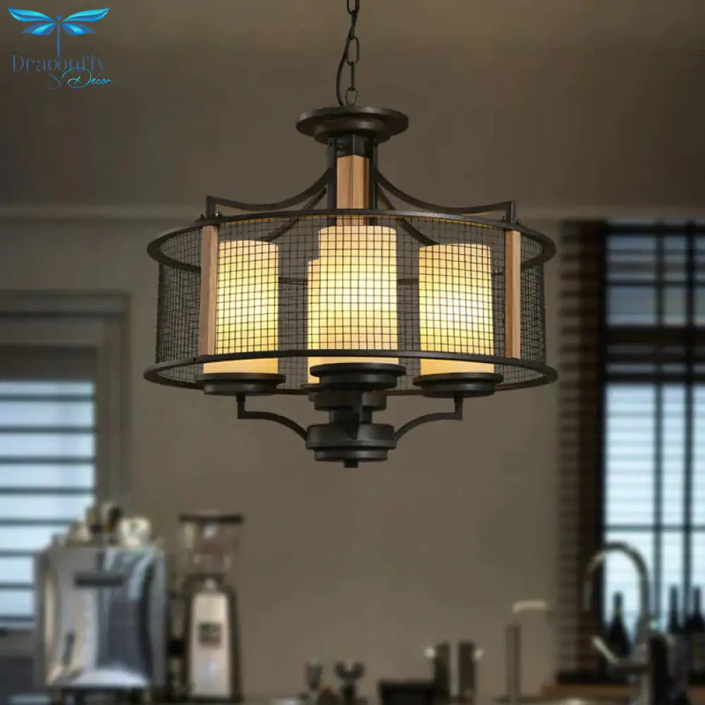 Black Cylinder Hanging Chandelier Traditional Style Frosted Glass 4 Heads Living Room Pendant Light