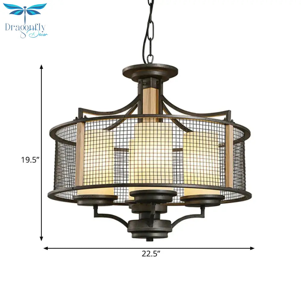 Black Cylinder Hanging Chandelier Traditional Style Frosted Glass 4 Heads Living Room Pendant Light