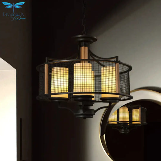 Black Cylinder Hanging Chandelier Traditional Style Frosted Glass 4 Heads Living Room Pendant Light