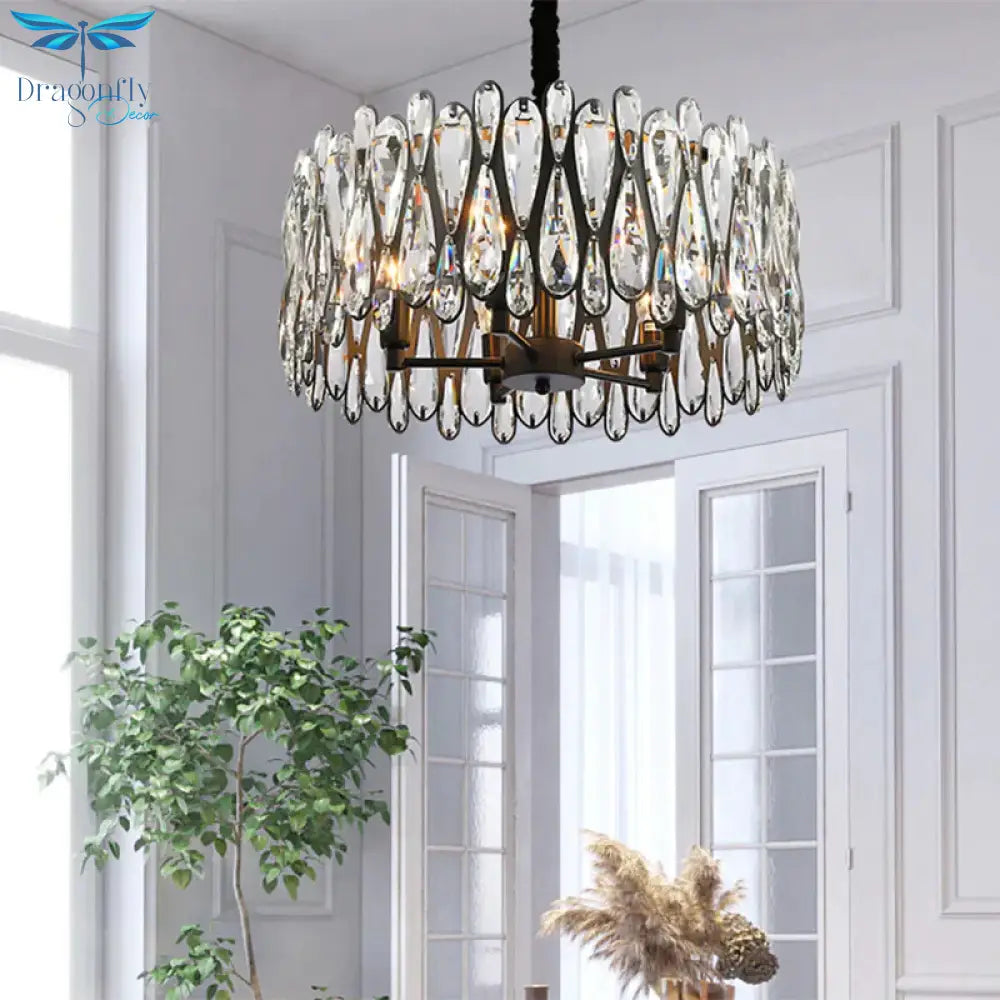 Black Drum Shaped Pendant Light Modern Crystal Teardrop 6 - Bulb Dining Room Chandelier