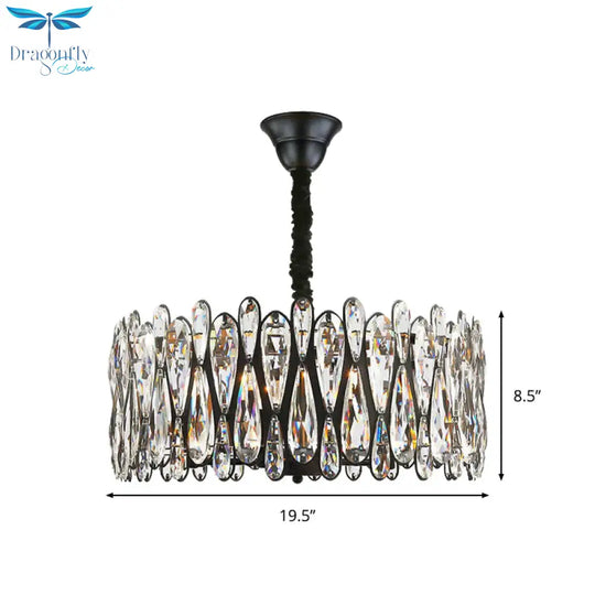 Black Drum Shaped Pendant Light Modern Crystal Teardrop 6 - Bulb Dining Room Chandelier