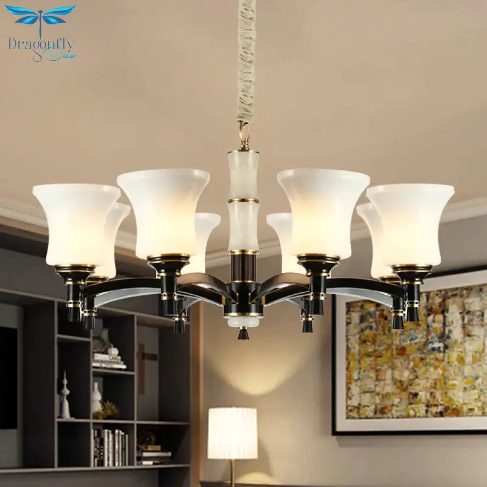 Black Flared Shade Hanging Pendant Light Traditional Style Frosted Glass 6/8 - Head Living Room