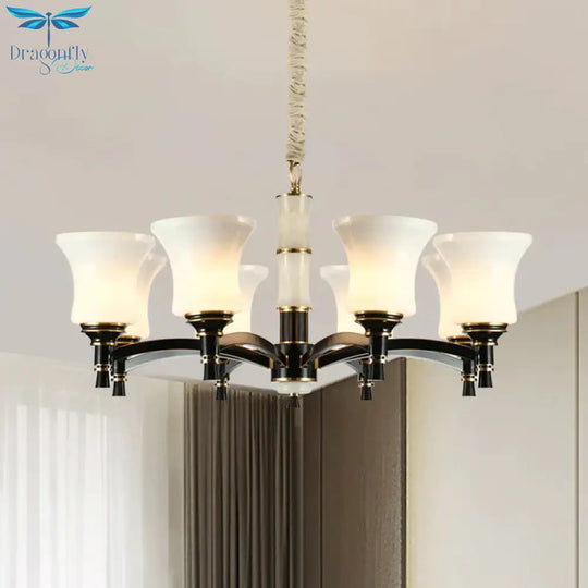 Black Flared Shade Hanging Pendant Light Traditional Style Frosted Glass 6/8 - Head Living Room