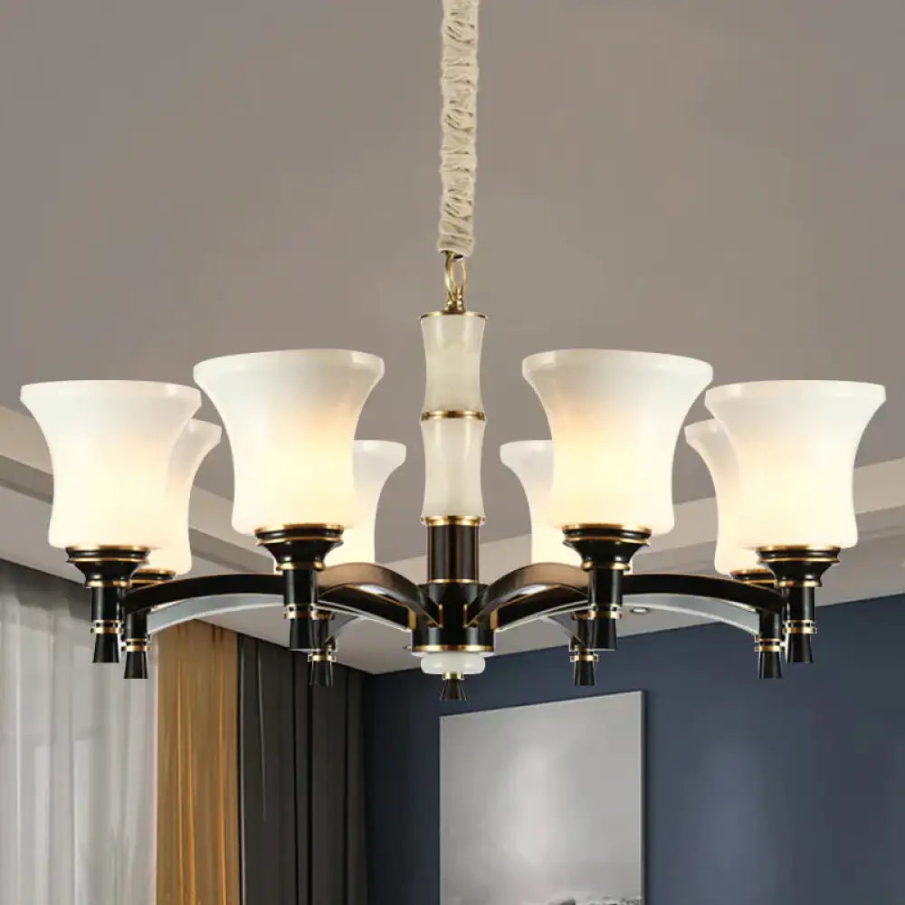 Black Flared Shade Hanging Pendant Light Traditional Style Frosted Glass 6/8 - Head Living Room