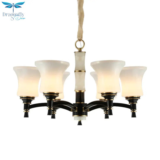Black Flared Shade Hanging Pendant Light Traditional Style Frosted Glass 6/8 - Head Living Room