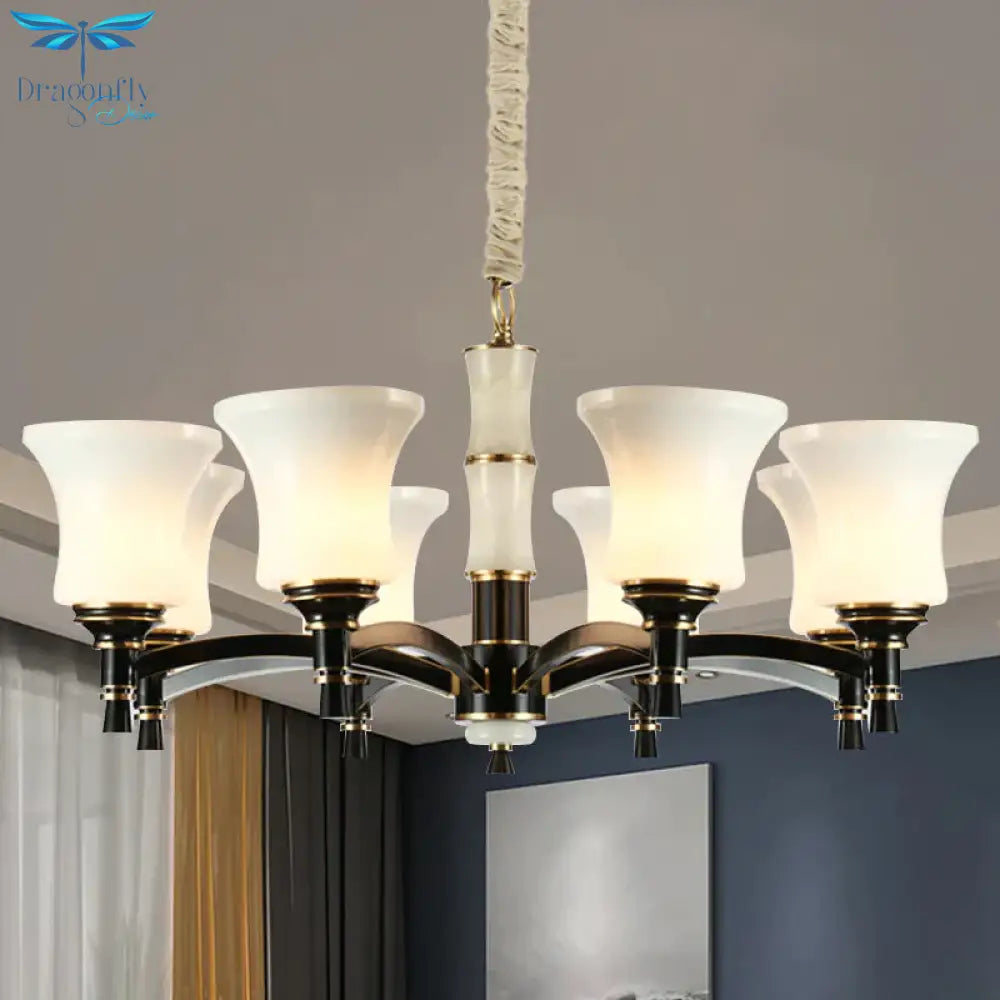 Black Flared Shade Hanging Pendant Light Traditional Style Frosted Glass 6/8 - Head Living Room
