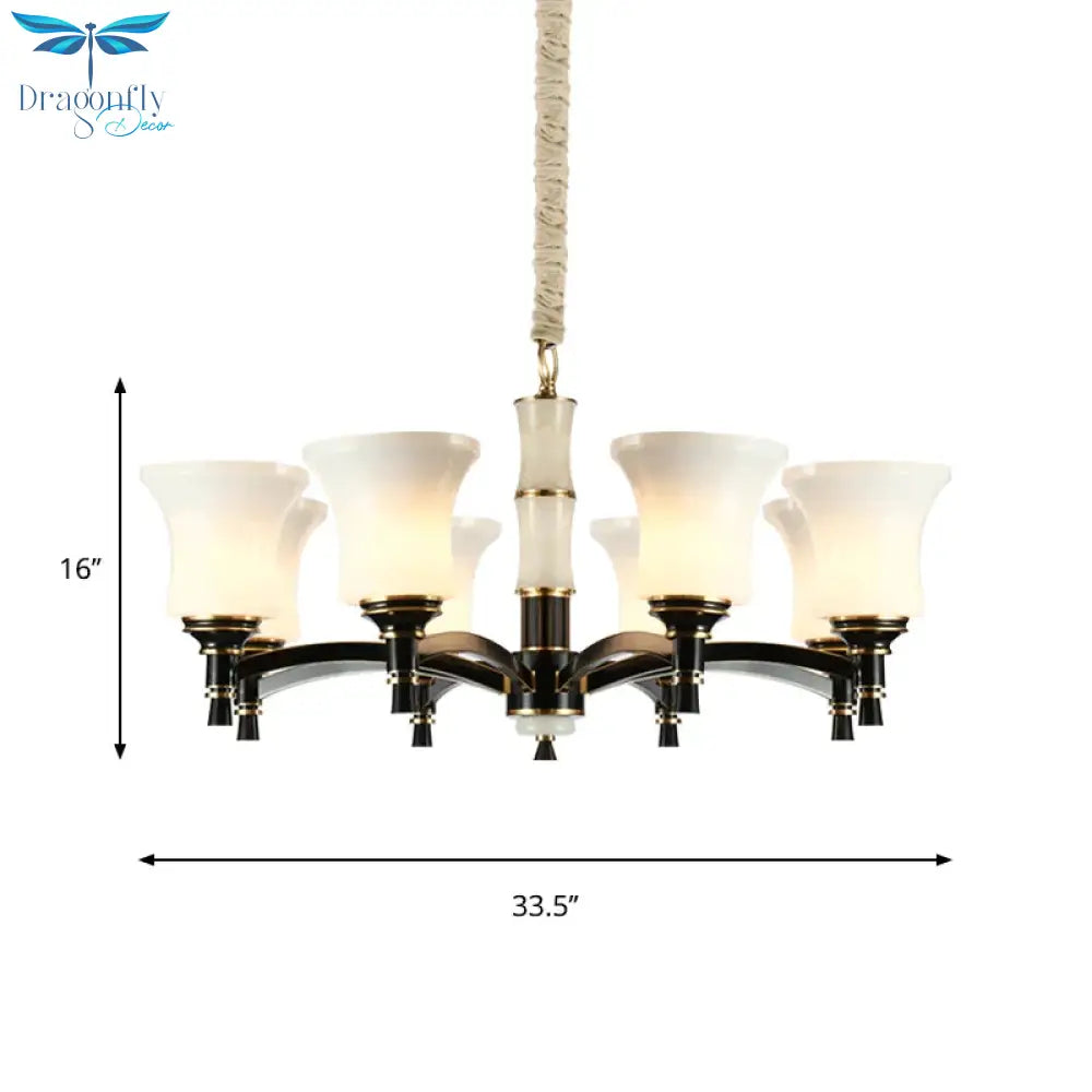 Black Flared Shade Hanging Pendant Light Traditional Style Frosted Glass 6/8 - Head Living Room