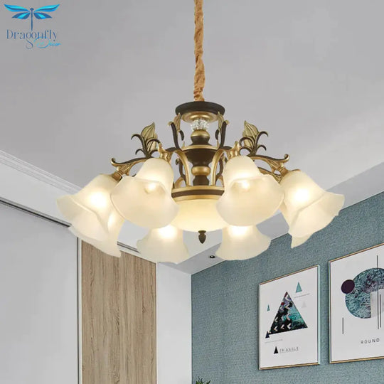 Black - Gold Flower - Like Suspension Lighting Traditional Milky Glass 3/6/8 Heads Dining Room Down