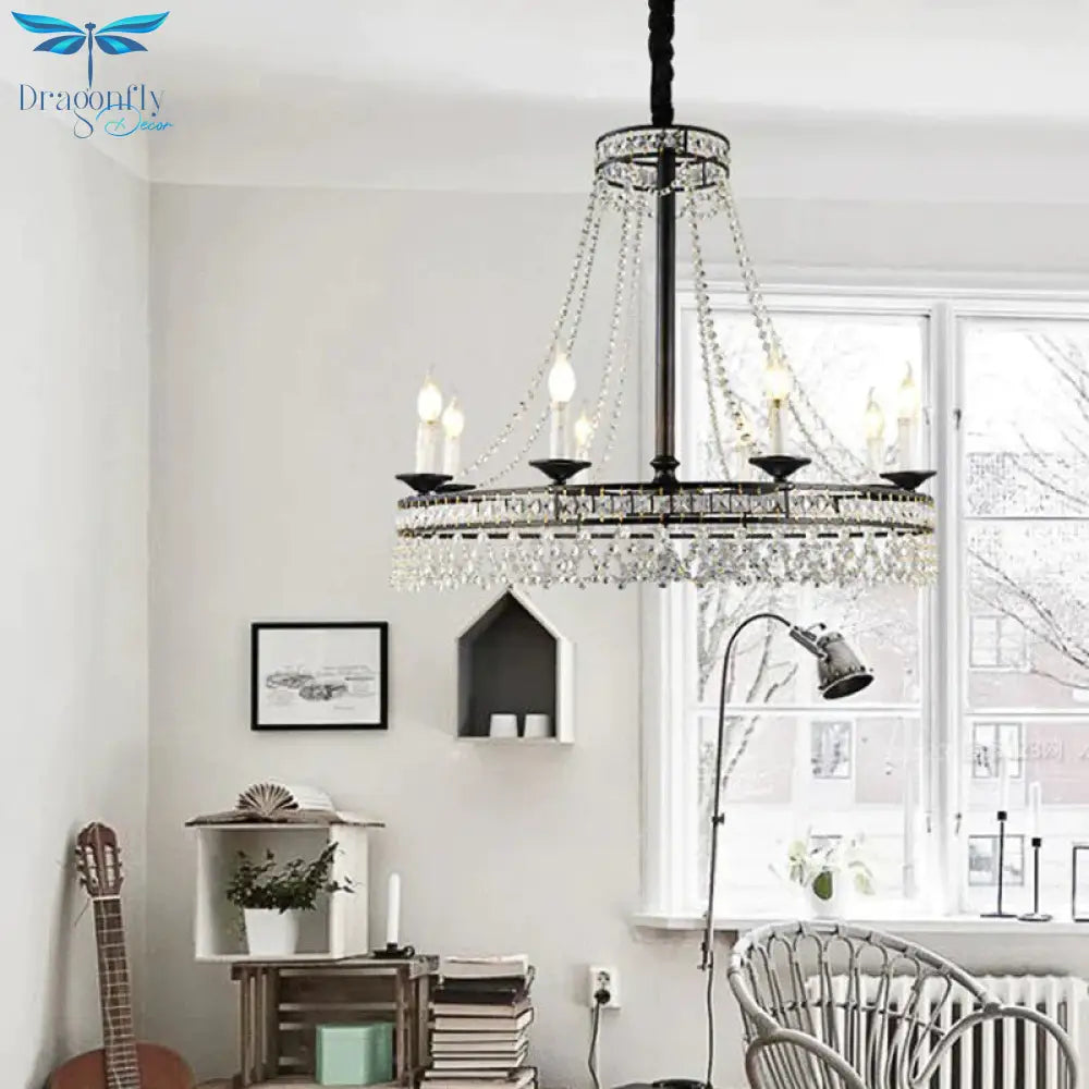 Black Round Chandelier Lamp Nordic Crystal 4/6/8 Heads Pendant Lighting Fixture For Living Room