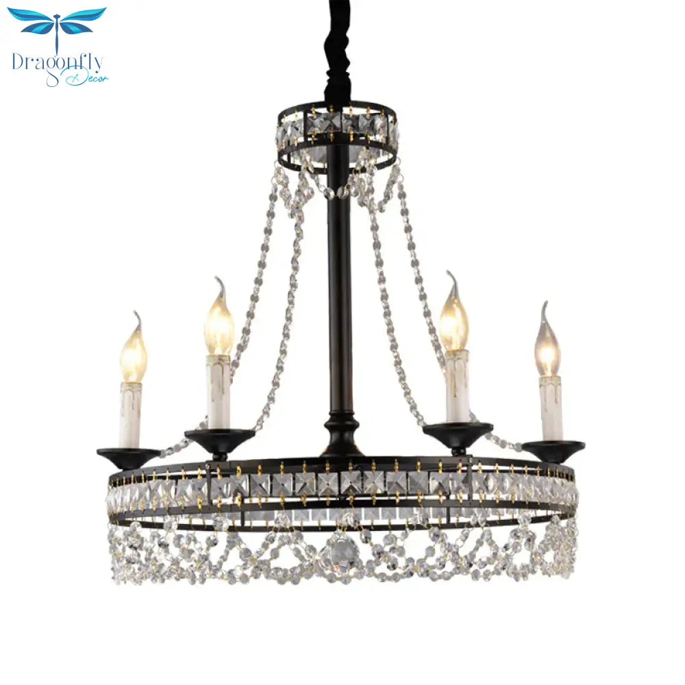 Black Round Chandelier Lamp Nordic Crystal 4/6/8 Heads Pendant Lighting Fixture For Living Room