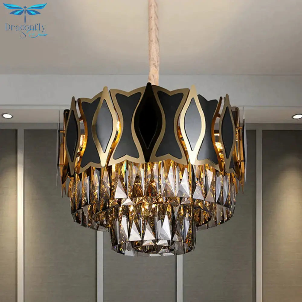 Black Round Chandelier Pendant Light Modernism 9 Lights Rectangle - Cut Crystal Suspension