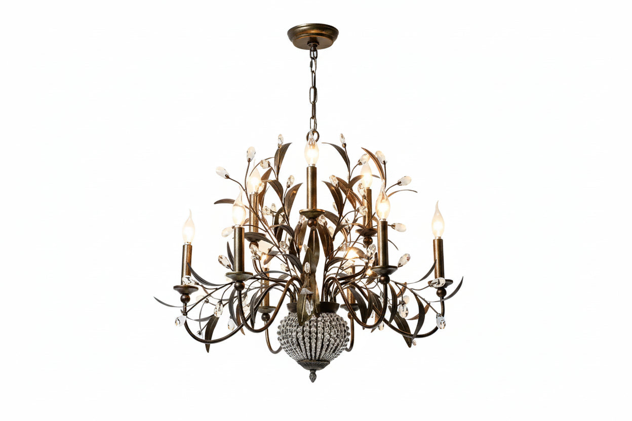 Black Spur Chandelier Lamp Modernism Crystal 9 Heads Pendant Lighting Fixture With Metal Leaf