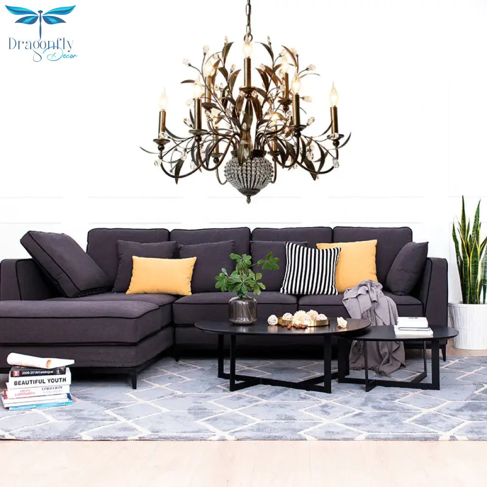 Black Spur Chandelier Lamp Modernism Crystal 9 Heads Pendant Lighting Fixture With Metal Leaf